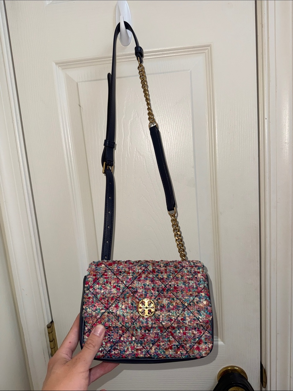 Tory Burch Tweed Quilted Belt Bag with Gold-Tone Logo Accent - Multicolor